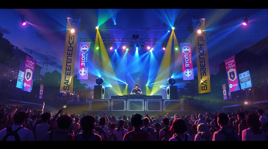 A DJ from campus event entertainment performs on an outdoor stage with colorful lights and large speakers, while a cheering crowd of college students watches. Tall banners and digital screens decorate the lively nighttime concert scene.