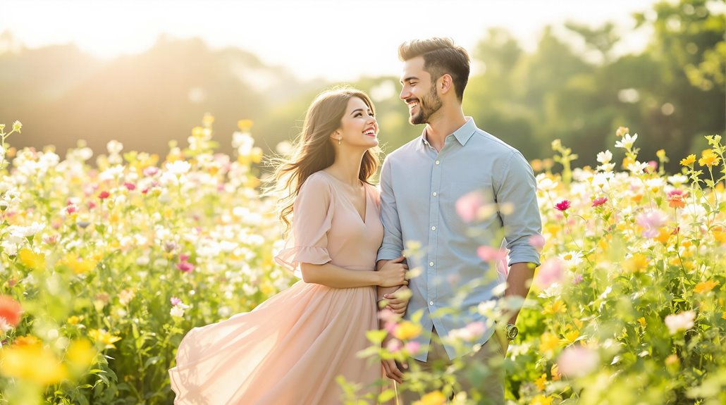 A smiling couple stands close together in a colorful flower field, with soft sunlight creating a warm, romantic atmosphere—perfect inspiration for successful engagement photos. The woman wears a flowing pink dress, and the man is dressed in a light blue shirt.