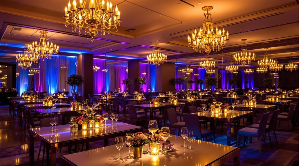 A luxurious banquet hall and event space is elegantly decorated with chandeliers, glowing candles, and floral centerpieces. Purple and blue lighting highlights the walls, creating a warm, inviting atmosphere perfect for any corporate event.