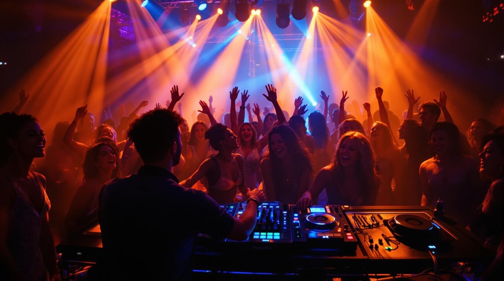 A DJ performs on stage with turntables and colorful lights overhead, creating an unforgettable party experience as a lively crowd dances and raises their hands at a packed nightclub.