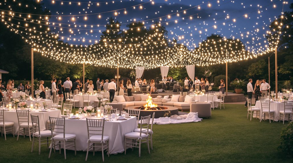 Outdoor wedding reception with round tables and white chairs on a lawn. String lights hang overhead, guests mingle, and a fire pit with seating sits at the center. A stage is set up in the background—perfect inspiration for outdoor wedding tips.