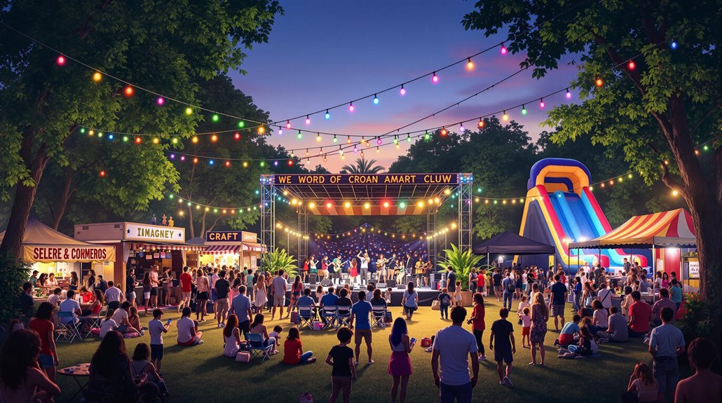 A lively outdoor festival at dusk, this community event features a band on stage, food trucks, craft stalls, a bouncy slide, and colorful string lights. Families and friends gather for fun event entertainment in a festive atmosphere.
