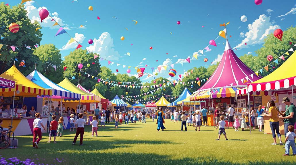 A colorful outdoor fair with people walking among striped tents and stalls, strings of flags and balloons overhead, and children playing on a sunny day—a perfect example of community events filled with fun entertainment ideas.