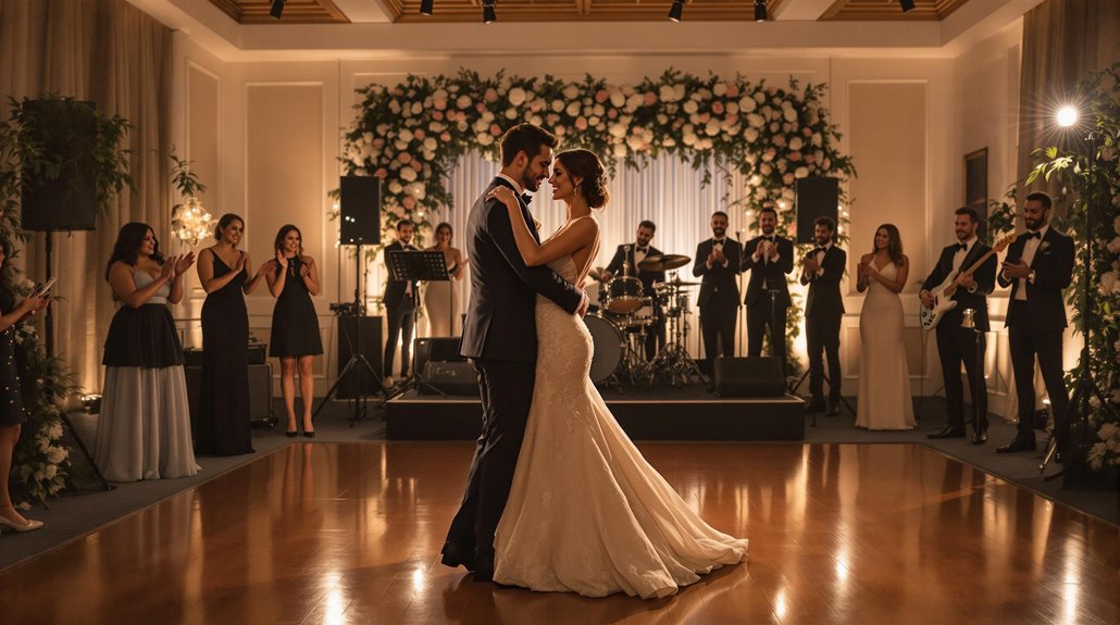 A bride and groom share their first dance at a wedding reception, surrounded by an elegant floral backdrop, live band, and guests in formal attire clapping—creating a magical moment for 2026 weddings inspired by the best first dance songs.