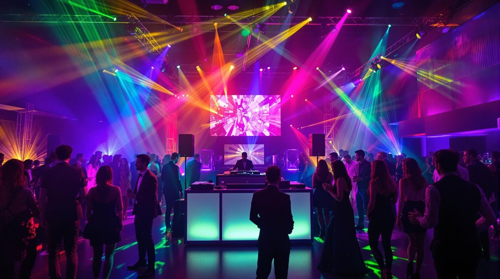 A lively nightclub scene in Regina with people dancing around a DJ booth, colorful laser lights and vibrant spotlights. Dynamic visuals illuminate the festive atmosphere—perfect for DJ services at corporate events or celebrations.