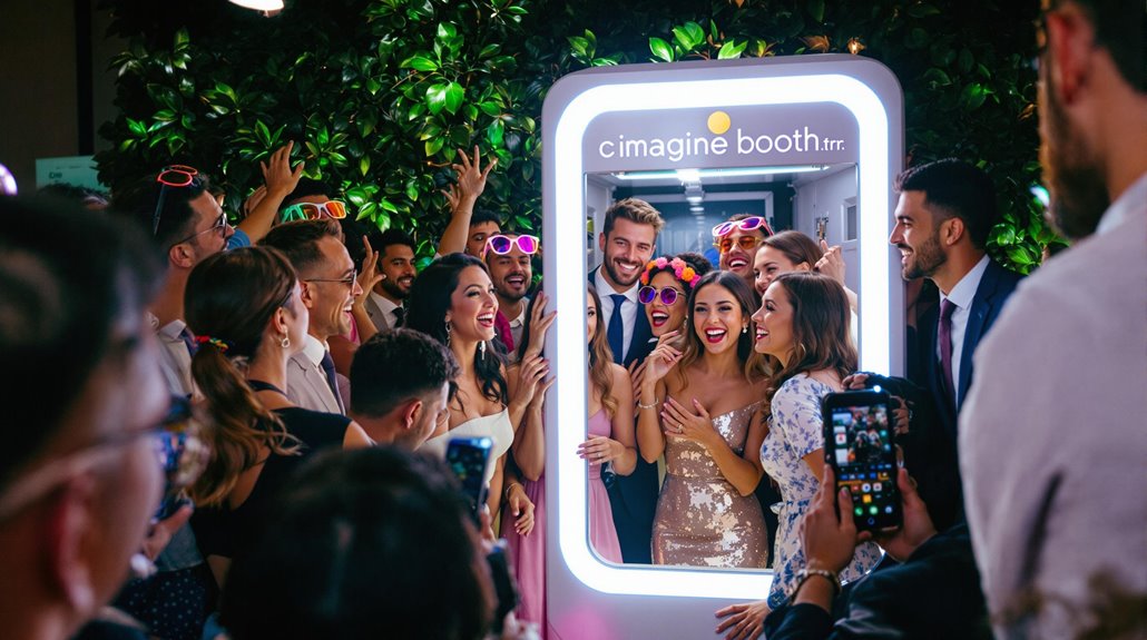 A group of well-dressed people smile and pose for a photo inside a brightly lit photo booth, surrounded by friends taking pictures with their phones at a lively corporate event.