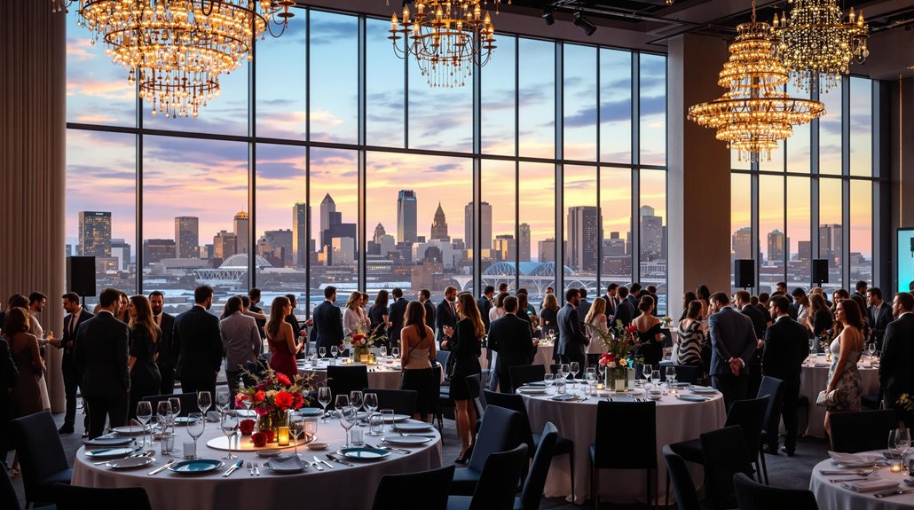 A formal corporate event planning gathering brings guests in evening attire to a banquet hall with round tables and elegant chandeliers; large windows offer a stunning Regina city skyline at sunset.