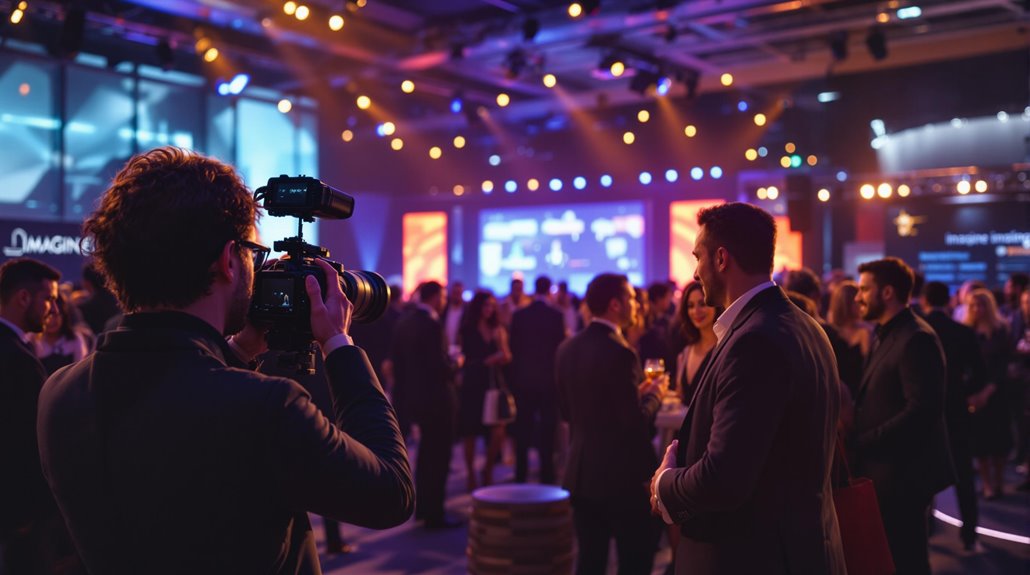 A professional photographer captures images of people mingling at a formal event in a large, modern venue with colorful stage lighting and digital screens—ideal visuals for corporate event marketing.