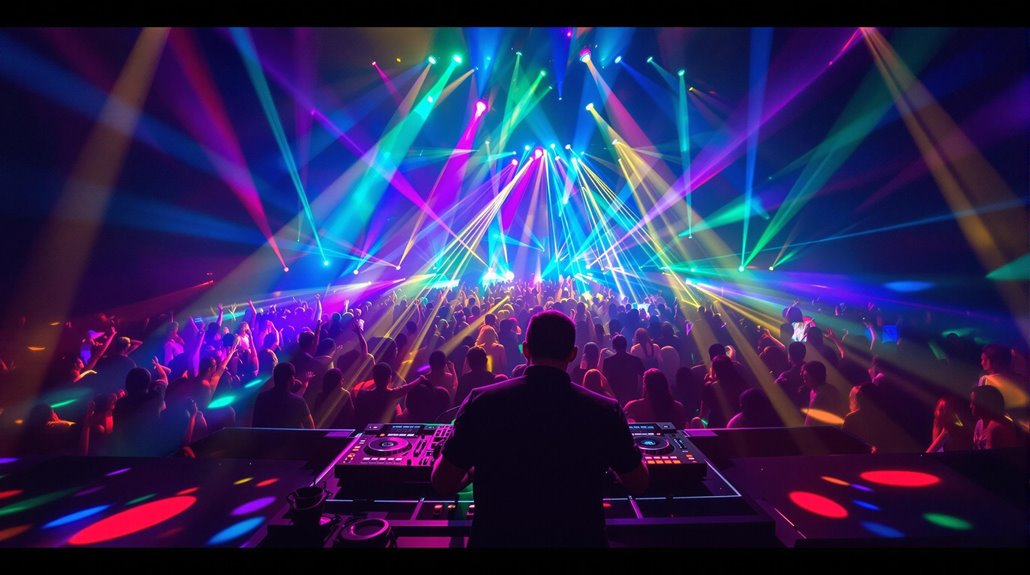A Professional DJ performs on stage for a lively crowd at a concert, surrounded by colorful laser lights and spotlights that create a vibrant, energetic atmosphere in a darkened venue—perfect for those looking to hire DJ services.