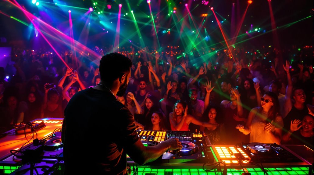 A professional DJ performs on a brightly lit stage with colorful lights and lasers, while a large, energetic crowd dances and raises their hands, creating the ultimate party atmosphere in this vibrant nightclub setting.