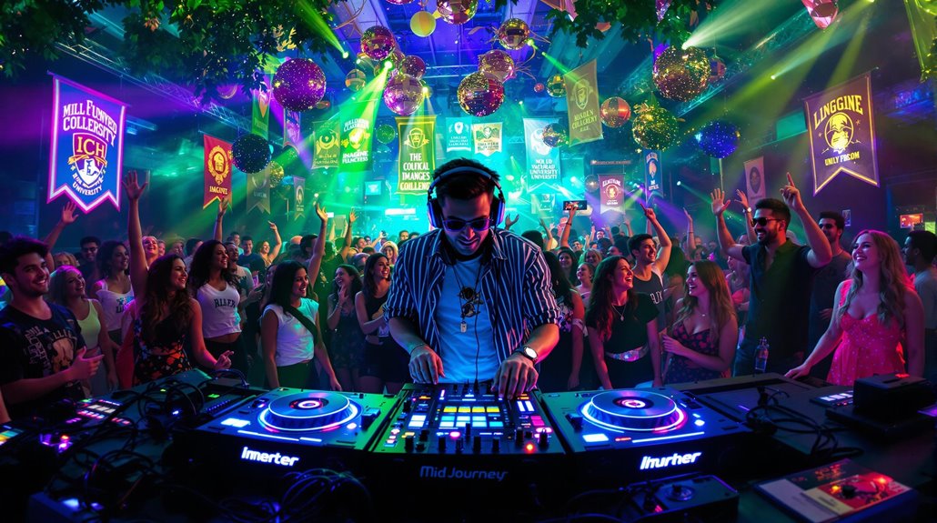 A DJ performs at a lively nightclub, surrounded by dancing people, colorful lights, and hanging decorations. Banners with college names and logos showcase top Campus Event Entertainment, creating a festive party atmosphere for colleges and universities.