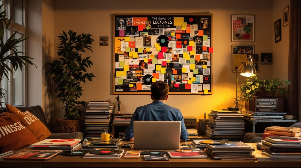 A person sits at a desk covered with books and records, facing a wall-mounted collage of album covers, notes, and photos in a cozy, warmly lit room with plants and shelves—perfect for planning Music Bingo playlists or themed parties.