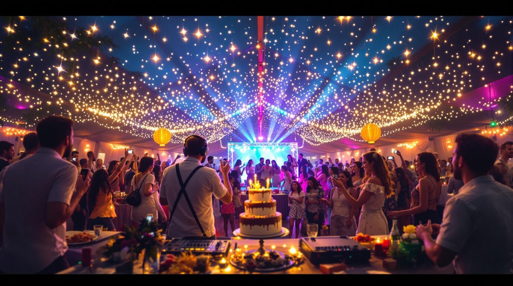 A lively birthday party scene with guests gathered around a decorated table and a tiered cake. String lights sparkle overhead as people dance and celebrate birthdays under a glowing canopy, enjoying upbeat tunes provided by professional DJ services.