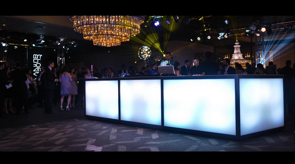 A large, illuminated bar with people gathered around it at a formal event, featuring chandeliers, spotlights, and a stylish, crowded atmosphere—perfect for corporate events enhanced by professional DJ services in Regina.