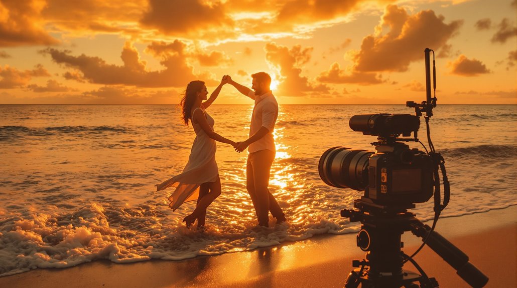 A couple dances on the beach at sunset, waves around their feet, while a camera on a tripod films them—capturing unforgettable moments as the sun glows orange in the sky, creating a romantic silhouette scene.