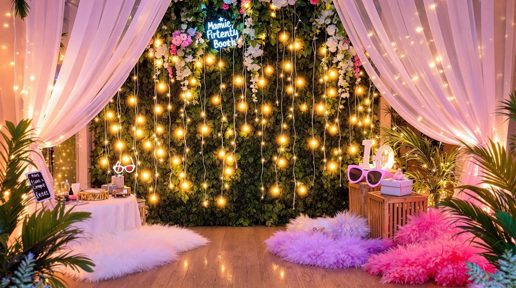 A photo booth setup with white drapes, hanging fairy lights, a green floral wall, and a neon sign. Fluffy rugs, potted plants, large sunglasses props, and gift boxes create a festive, cozy atmosphere perfect for memorable photos.