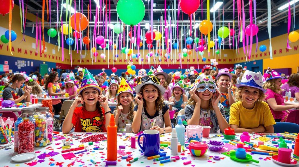 A large group of children wearing colorful party hats and masks sit at a decorated table in a vibrant, balloon-filled room, celebrating an elementary school birthday party with arts and crafts supplies and fun photo booth ideas.