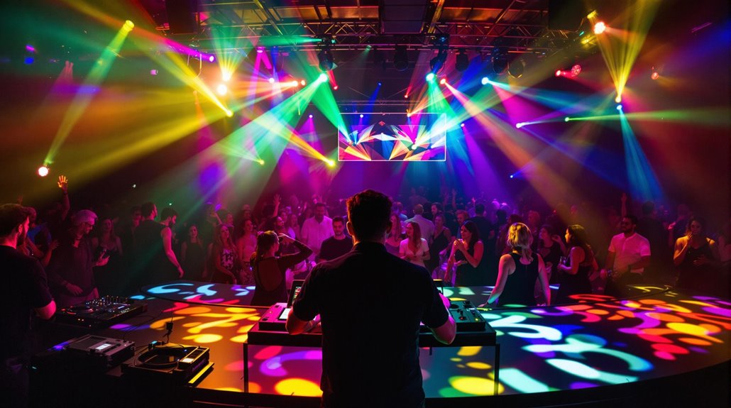 A DJ performs on stage at a vibrant nightclub, with colorful lighting and patterns illuminating the dancing crowd. The atmosphere is energetic, with people enjoying lively music and dynamic light show event entertainment.