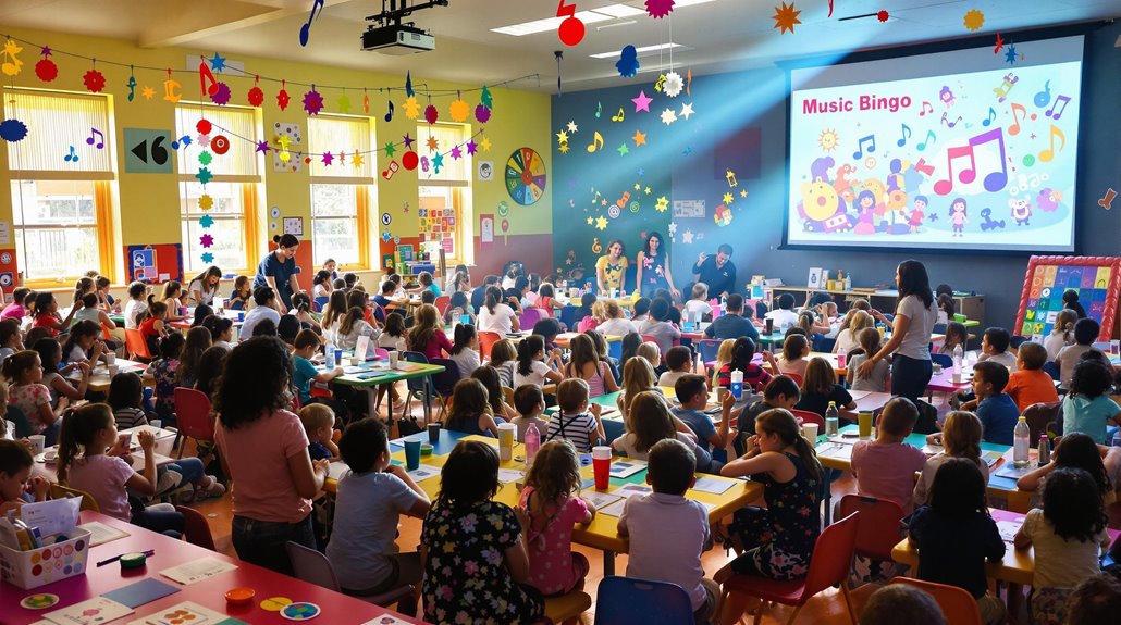 A large group of children sits at tables in a brightly decorated classroom, enjoying a Music Bingo activity perfect for school events. Colorful decorations hang from the ceiling as younger audiences engage with the game displayed on a large screen.
