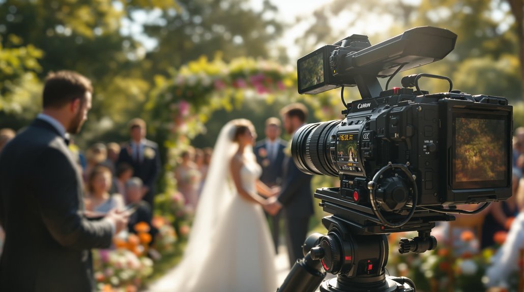A professional video camera films a bride and groom standing under a floral arch during an outdoor wedding ceremony, capturing memories as guests are seated and a person speaks in the foreground.