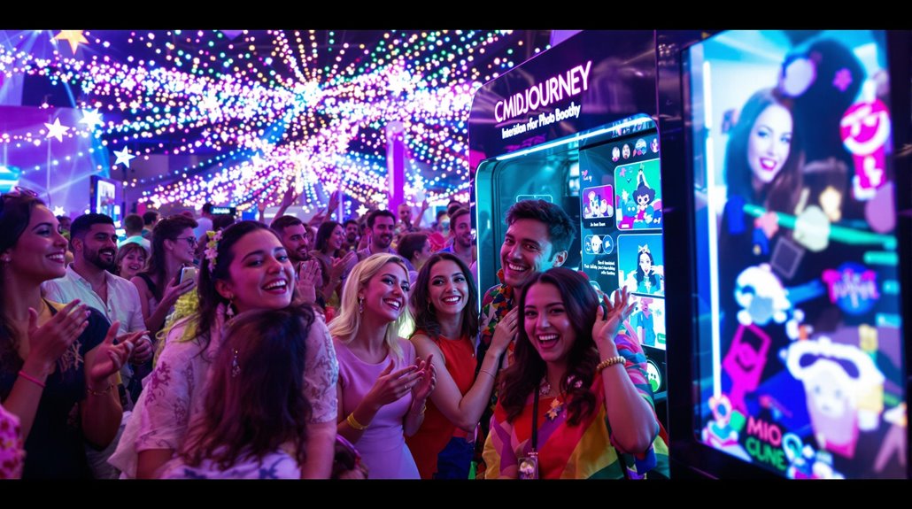 A group of people happily pose for a photo at a lively, colorful event or arcade, with vibrant lights, interactive photo booths, and digital screens surrounding them.