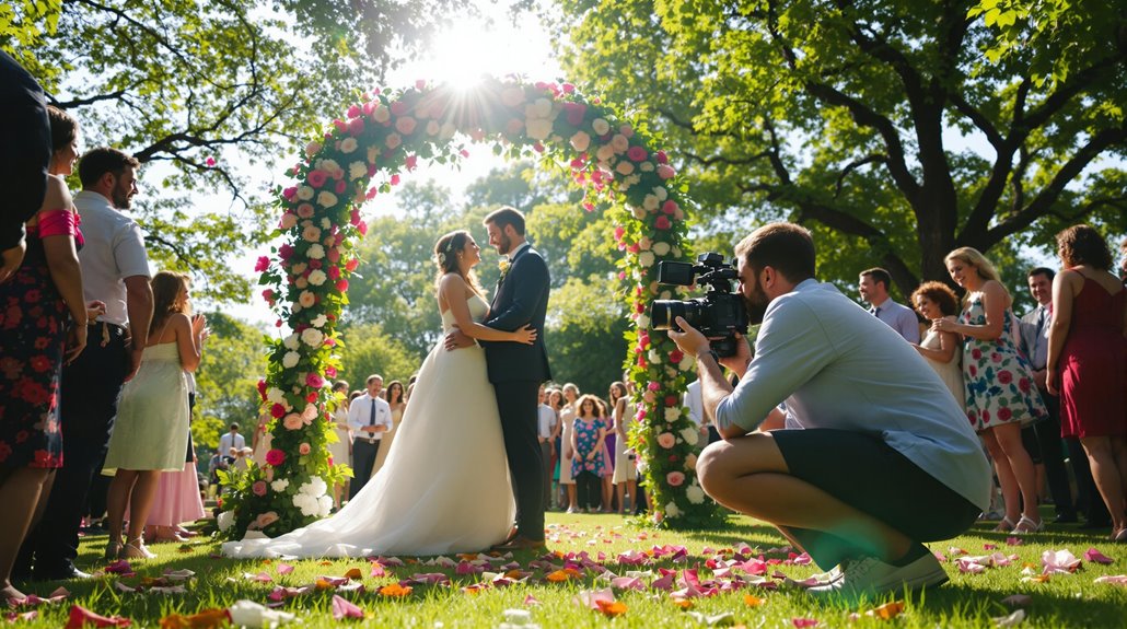 A bride and groom stand under a flower arch in a sunlit garden, surrounded by guests. A photographer kneels, capturing the moment for lasting memories, while petals scatter the grass—perfect for memorable event videography at this joyful outdoor wedding.
