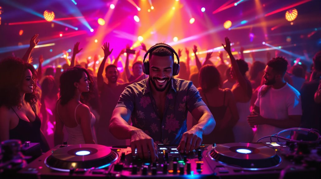 A smiling DJ wearing headphones mixes music at a lively nightclub, surrounded by engaged party guests and colorful, vibrant lights illuminating the energetic atmosphere.