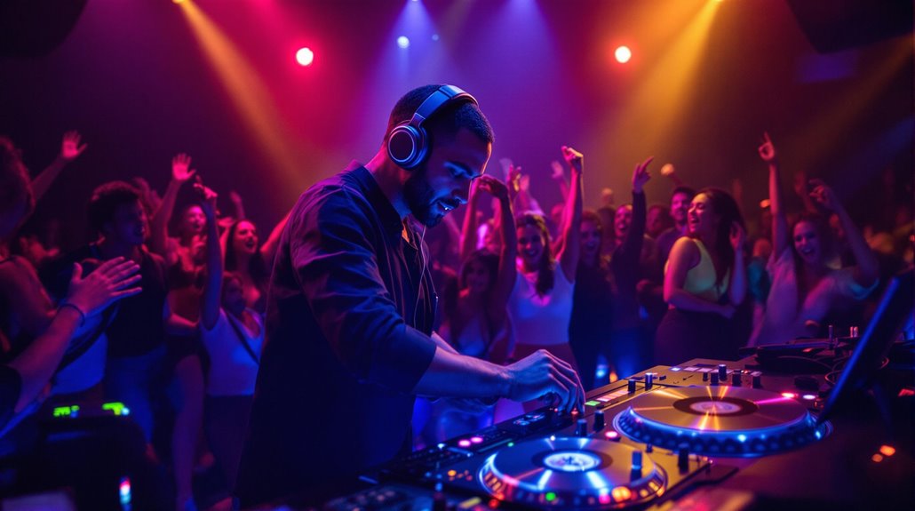 A professional DJ wearing headphones mixes music on turntables in a colorful, vibrant nightclub as a lively crowd dances and cheers under bright, multicolored stage lights—showcasing top-notch DJ services.