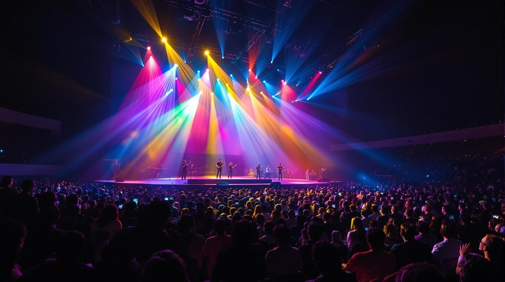 A large audience watches a live concert in an indoor arena. Professional lighting in pink, purple, blue, orange, and yellow shines on performers, illuminating the stage and sound system to create a vibrant atmosphere.