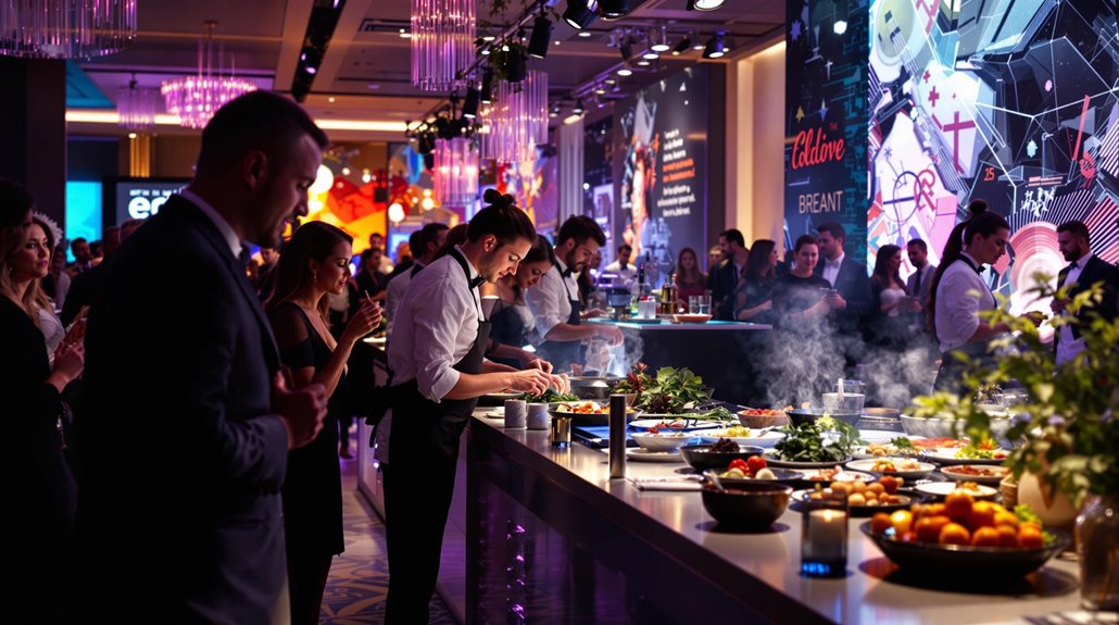 A lively indoor corporate event entertainment in Regina, 2025, with people dressed formally, chefs preparing food at a buffet table with fresh ingredients, and colorful lights and decorations in the background.