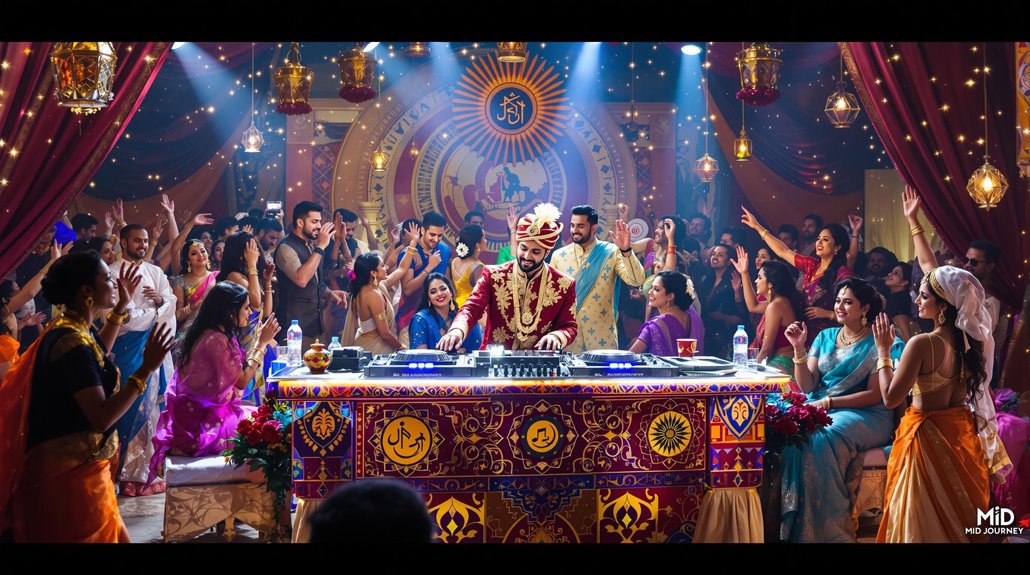 A groom in traditional Indian attire curates the wedding DJ playlist at his celebration, surrounded by guests dancing in colorful outfits under festive lights and decorations. The atmosphere is lively, vibrant, and rich with cultural traditions.