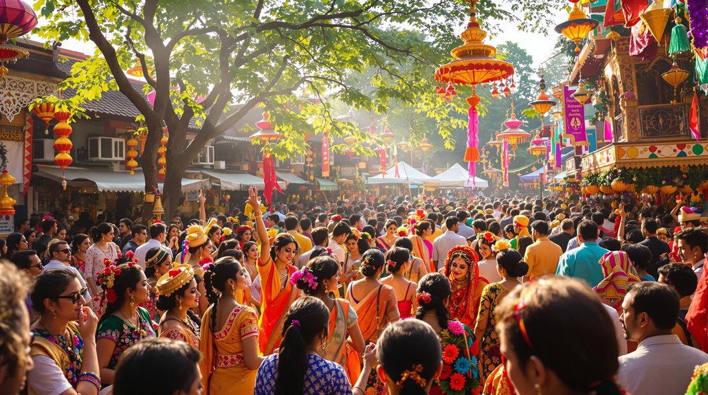 A large crowd in colorful traditional clothing gathers at an outdoor festival with decorated buildings, hanging lanterns, and trees, while a local photographer captures the lively, festive atmosphere under bright daylight.