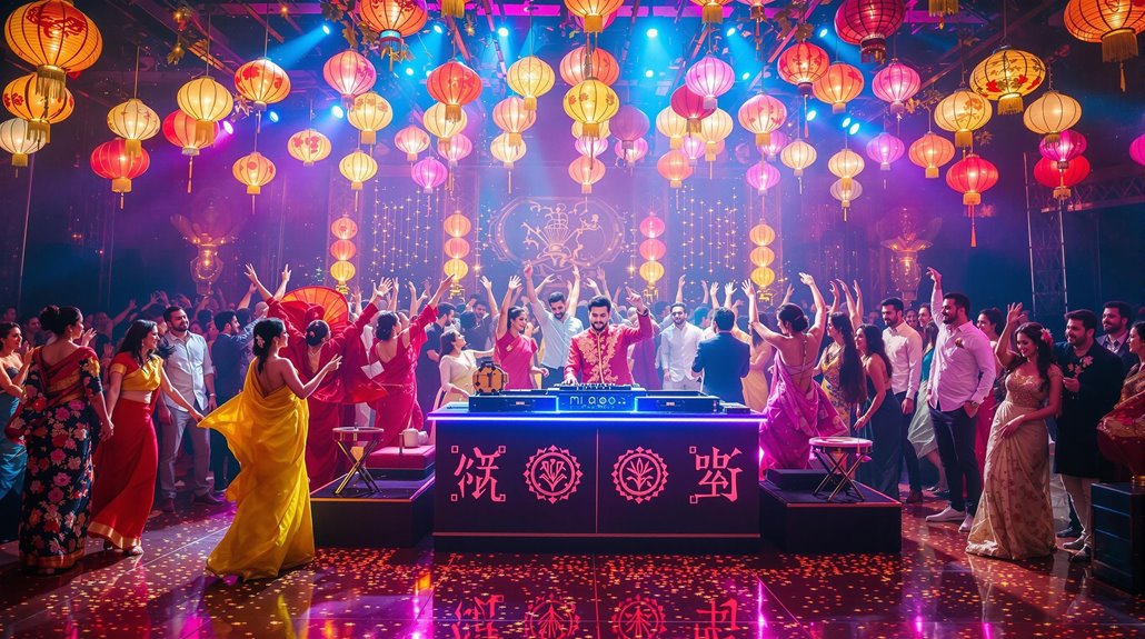 A vibrant party scene with people dancing around a wedding DJ under colorful hanging lanterns and festive lights. Confetti covers the floor, and traditional Asian decorations add to the lively, joyful atmosphere celebrating cultural traditions.