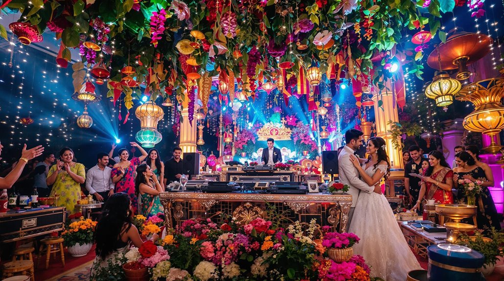 A couple dances at a colorful, lavish wedding reception with vibrant flowers, hanging lanterns, and elaborate decorations. Guests in festive attire celebrate while a DJ plays cultural wedding music in the background.