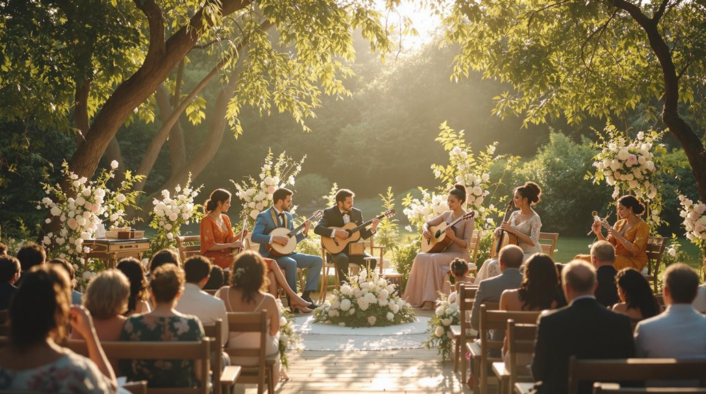 A group of musicians plays personalized wedding ceremony music on string instruments at an outdoor wedding, surrounded by guests seated on wooden chairs, with sunlight filtering through trees and white flowers decorating the scene.