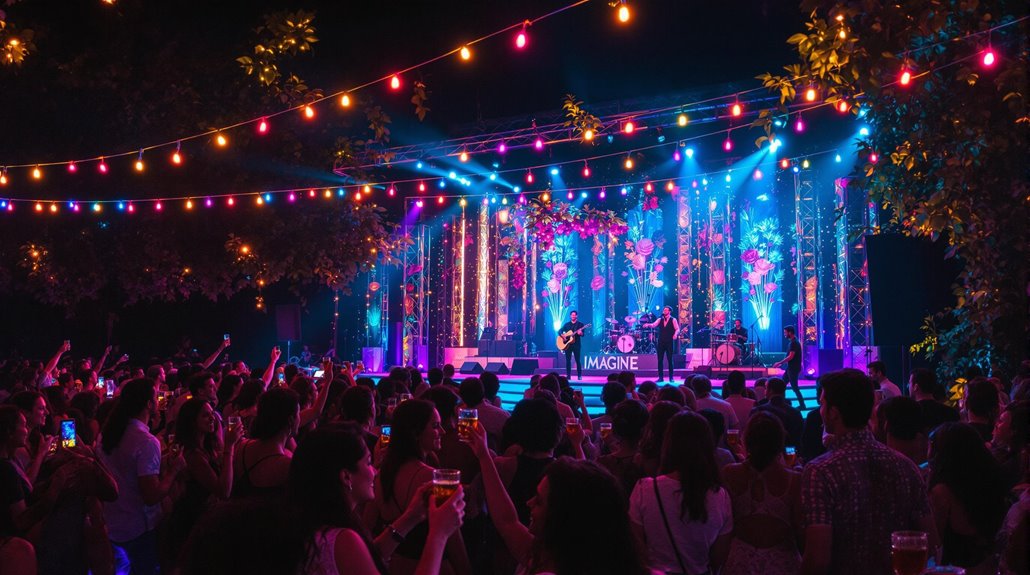 A lively outdoor concert at night, with colorful string lights overhead, a crowd enjoying the music, and a brightly lit stage featuring musicians and vibrant floral decorations—perfect for event photos to boost your post-event marketing efforts.