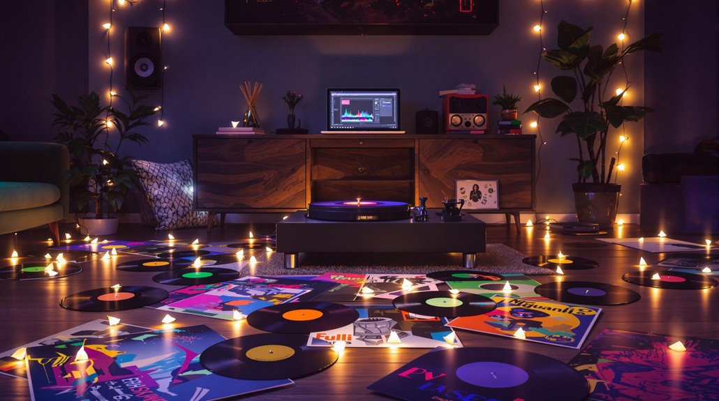 A cozy room with string lights, vinyl records scattered on the floor, a turntable spinning, candles glowing, plants, and a computer on a wooden sideboard displaying music editing software to build the perfect party playlist.