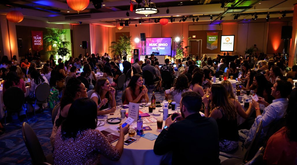 A large group of people sits at round tables in a dimly lit event hall, enjoying a lively music bingo night. Colorful lights illuminate the stage, while projection screens announce “Music Bingo”—creating the perfect setting for a fun corporate event.