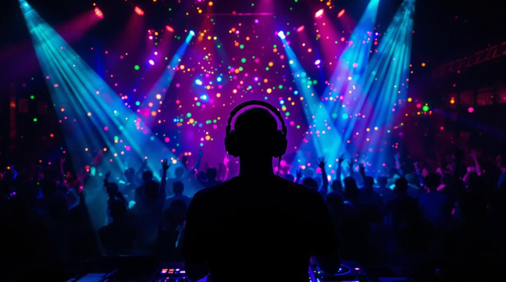 A DJ wearing headphones stands at a booth, silhouetted against vibrant lights and lasers, delivering an unforgettable DJ experience to a lively crowd dancing in packed nightlife settings.