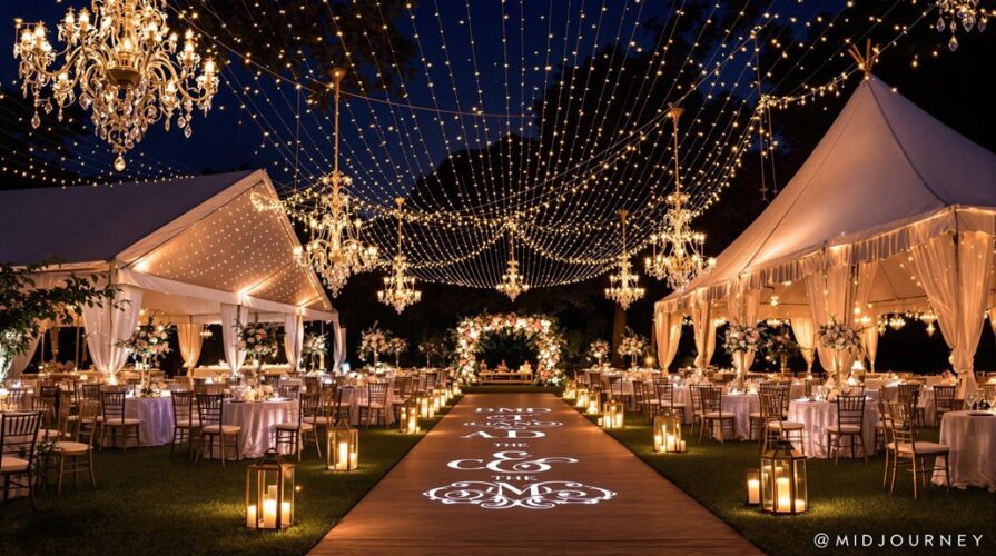 An elegant outdoor wedding reception at night with custom wedding lighting, string lights, chandeliers, white tents, decorated tables, lanterns, and a monogrammed aisle leading to a floral arch. The atmosphere is warm and romantic.