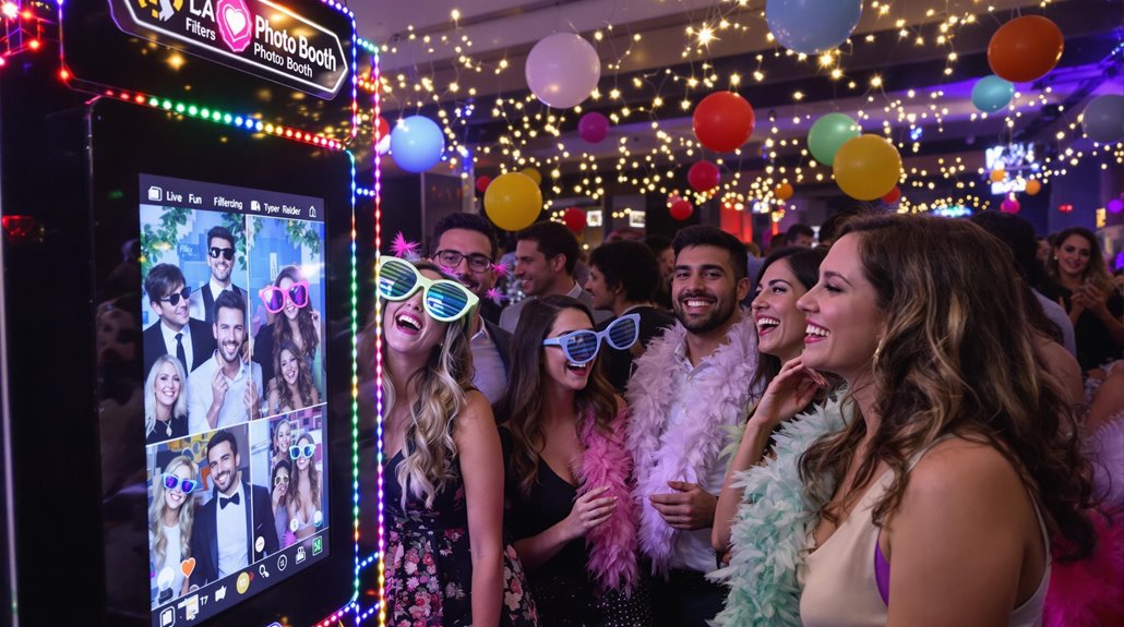 A group of people in colorful outfits and oversized glasses laugh and pose together at an interactive photo booth during a fun event, with string lights and balloons decorating the lively room.