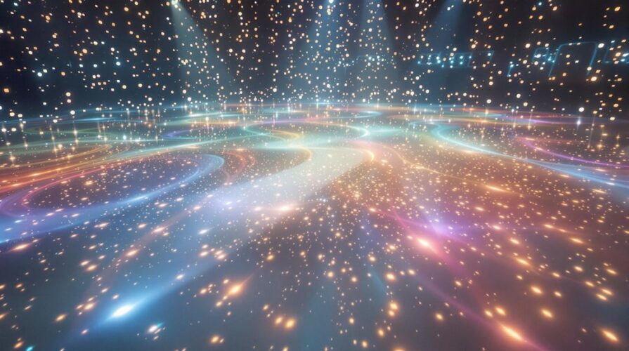 Colorful swirls of light and glowing particles float above a shimmering dance floor, creating an adaptable, magical, starry atmosphere with blue, pink, and gold tones—perfect for sensory-sensitive experiences.