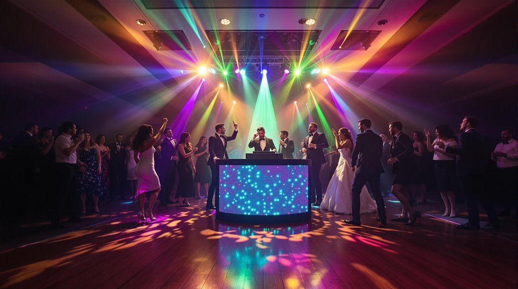 A lively wedding reception with guests dancing around a DJ for Wedding booth under colorful spotlights and vibrant lighting effects on the dance floor.