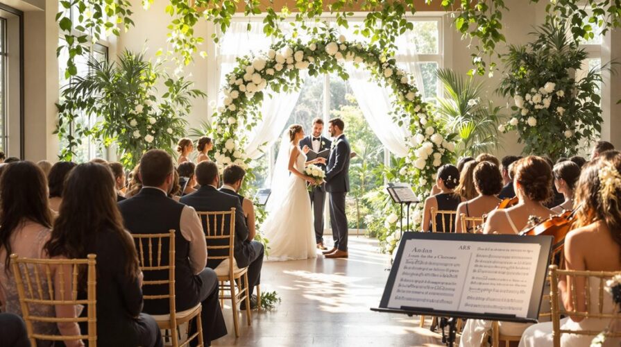 A bride and groom stand under a white floral arch, exchanging vows at an indoor wedding ceremony, surrounded by guests on wooden chairs as a live string quartet plays personalized wedding ceremony music. Sunlight streams through large windows.