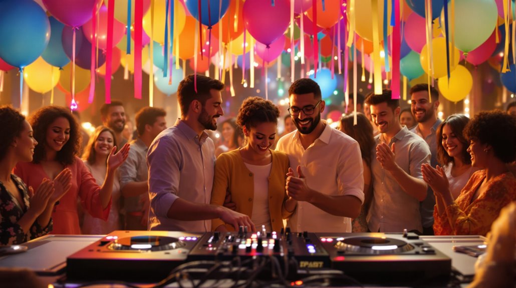 A lively party scene with colorful balloons and streamers overhead. People are smiling, dancing, and gathered around a DJ mixing music on a turntable—perfect for birthdays or anniversaries. The atmosphere is festive and joyful.