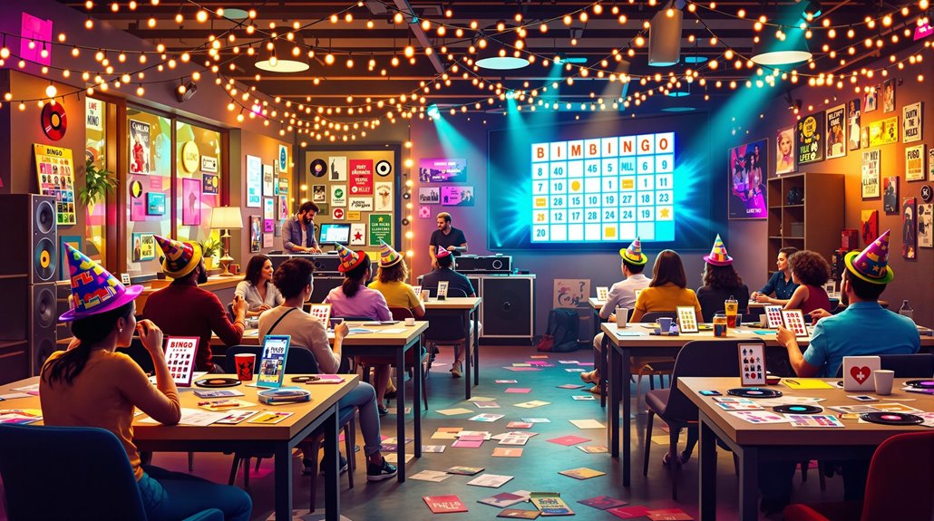 People wearing party hats enjoy a lively music bingo party in a colorful room decorated with string lights, vinyl records, and music posters. A large bingo screen is at the front, while music-themed items fill the tables and floor.