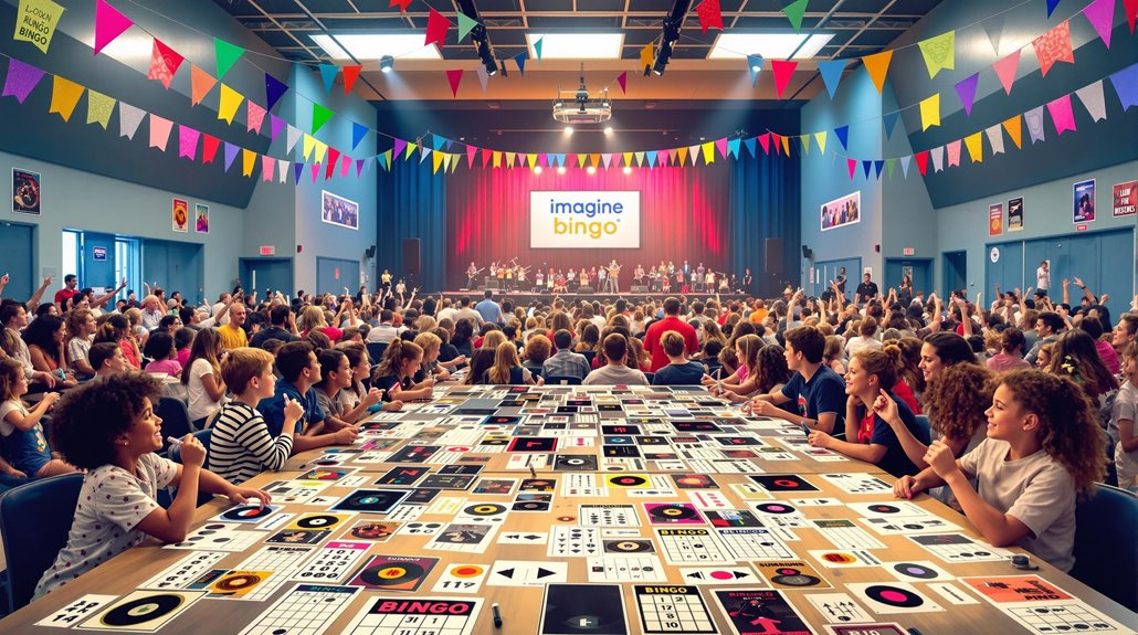 A crowded bingo hall decorated with colorful banners, filled with people eagerly playing bingo at long tables, while a stage at the front displays a sign reading “imagine bingo”—a great spot for School Fundraisers or creative Fundraising Ideas.