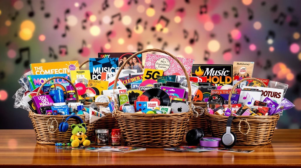 Three large gift baskets filled with music-themed items, CDs, books, headphones, and snacks sit on a wooden table—perfect top prizes for any music bingo event. Colorful bokeh lights and musical notes create a festive, lively atmosphere.