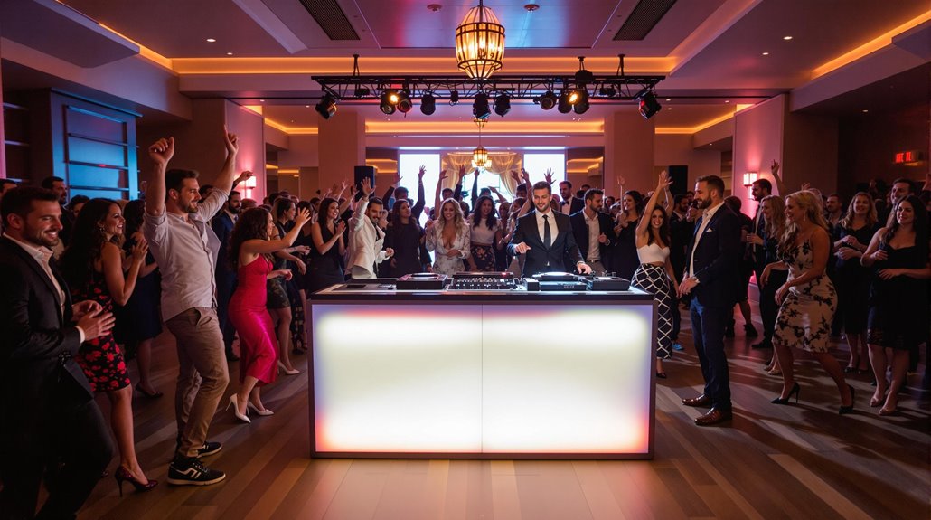 A lively crowd dances and cheers around a DJ at an upscale indoor event in Regina, with colorful lighting and elegant decor—creating a festive party atmosphere perfect for corporate events and premium DJ services.