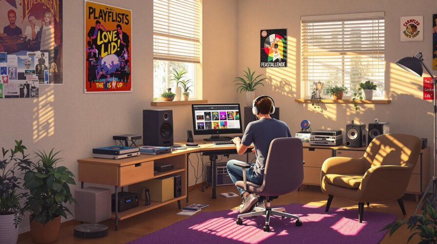 A person wearing headphones sits at a desk using a computer in a cozy, sunlit room decorated with music posters, speakers, plants, and personal photos—perfect for playlist creation and crafting personalized playlists in a creative, comfortable atmosphere.